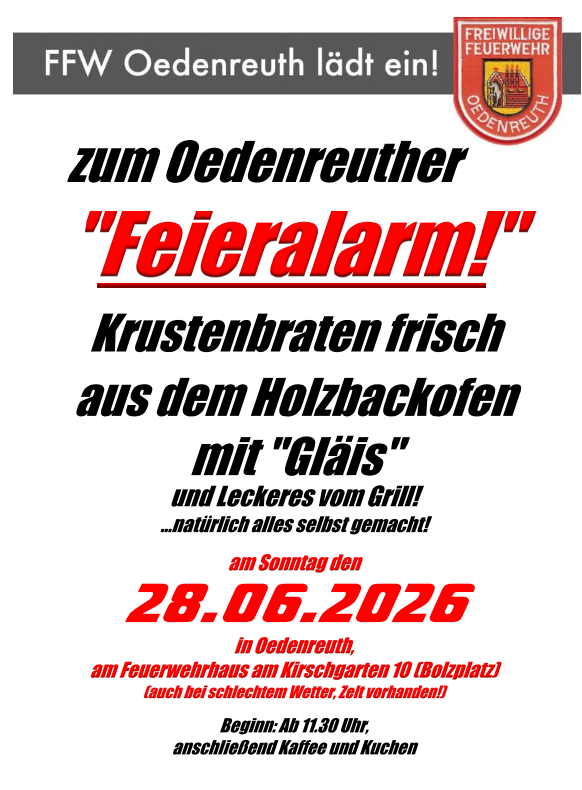 Feieralarm Freiwillige Feuerwehr Oedenreuth 2026 Einladung